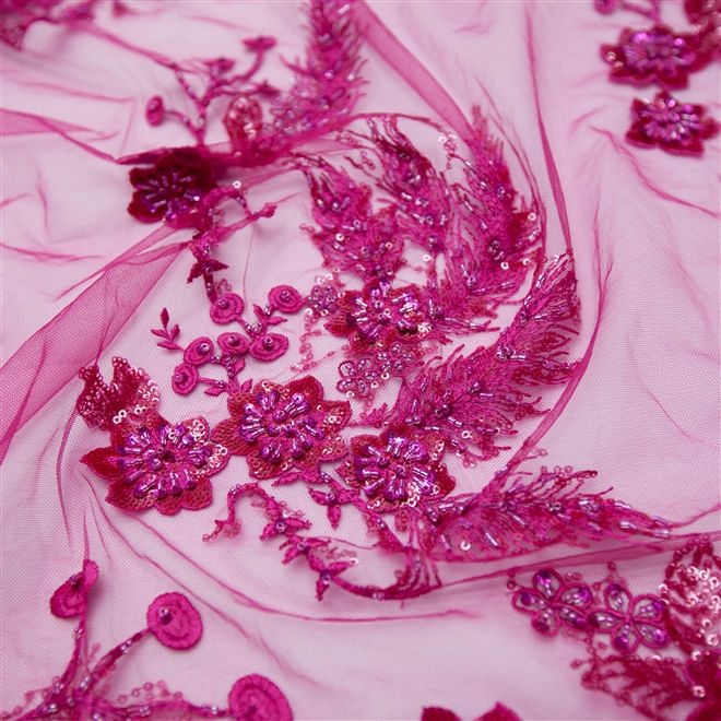 Tecido renda tule pink bordado com pedraria e  paetê
