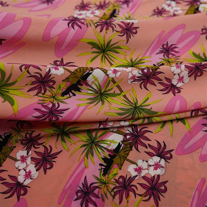 Tecido seda pluma estampado floral rosa