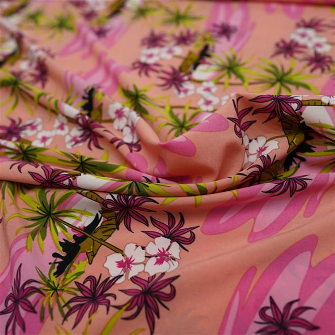 Tecido seda pluma estampado floral rosa