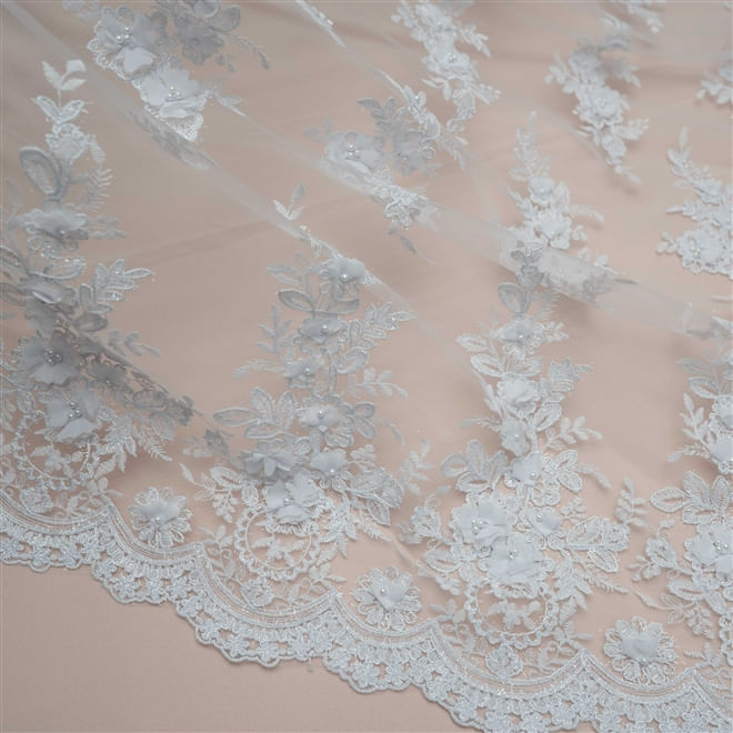 Tecido renda tule bordado cordonê flores 3d branco