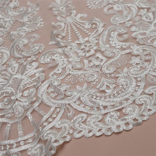 Tecido renda tule bordado paetê arabesco off white