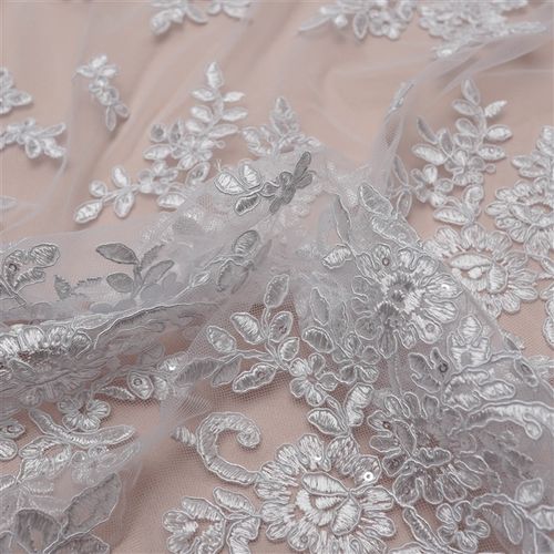 Tecido renda tule bordado paetê cordonê branco