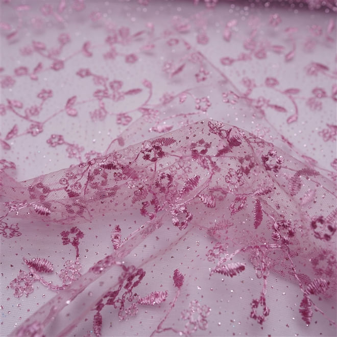 Tecido renda tule bordado glitter rosa bebê