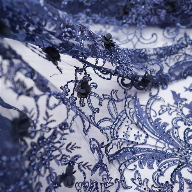 Tecido renda tule bordado pedraria flores 3d azul marinho