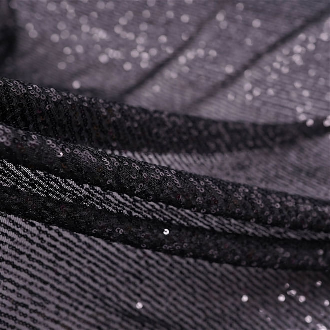 Tecido tule bordado paetê preto