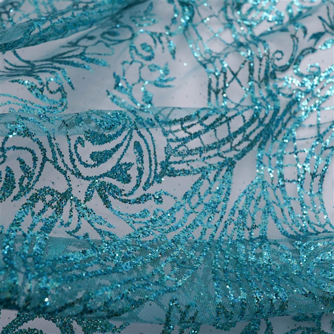 Tecido renda tule explosão arabesco glitter azul turquesa