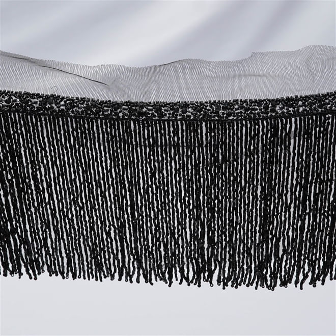Tecido franja bordada canutilhos preta - largura 15cm
