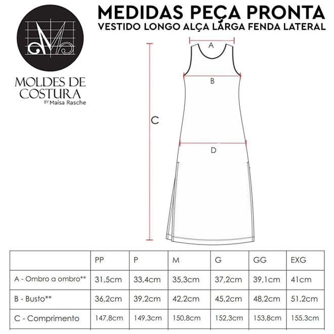 Molde vestido longo alça larga fenda lateral tamanho PP ao EXG by Maísa Rasche