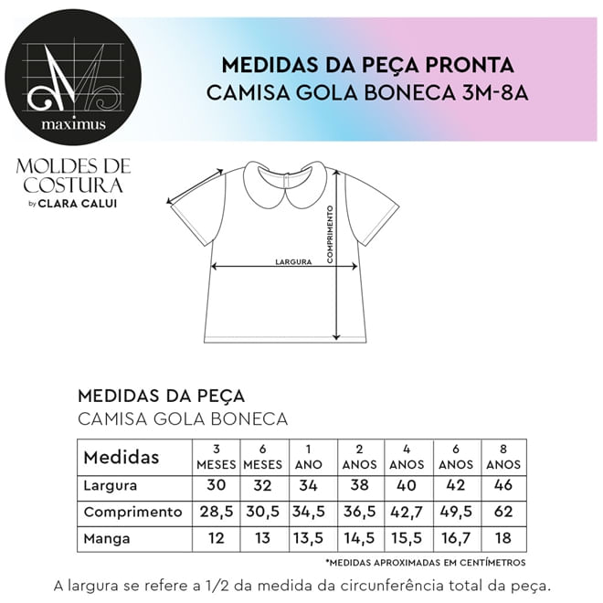 Molde camisa gola boneca infantil tamanho de 3 meses até 8 anos by Clara Calui