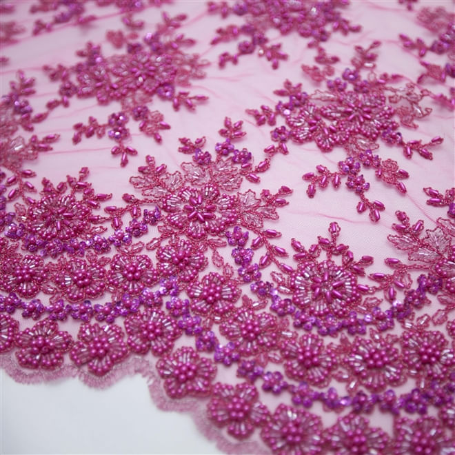 Tecido renda bordada pink