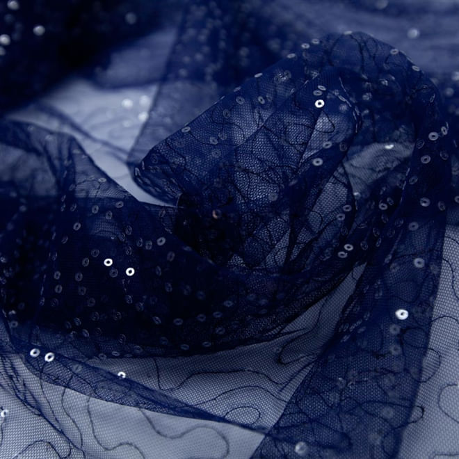 Tecido tule paetizado sem fim (mini paetê) azul marinho