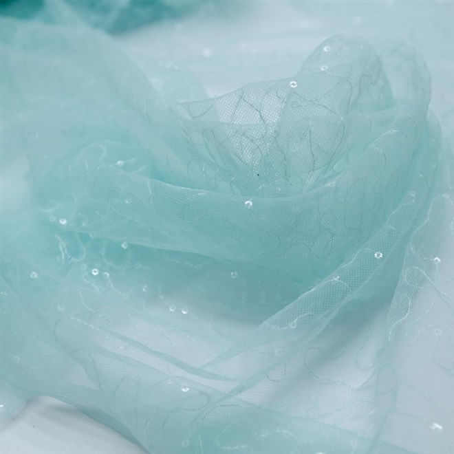 Tecido tule paetizado sem fim (mini paetê) verde água