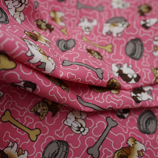 Tecido tricoline 100% algodão rosa estampado cachorros