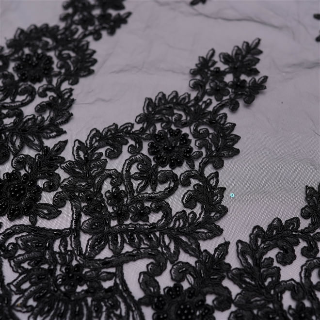 Tecido renda tule bordado pedraria preto