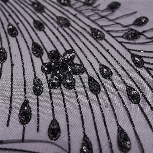 Tecido renda tule com paetê glitter preto flores