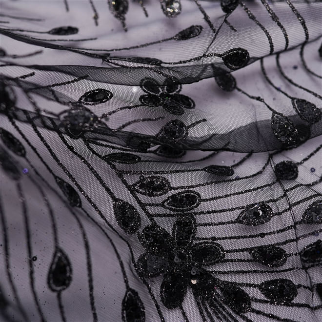 Tecido renda tule com paetê glitter preto flores