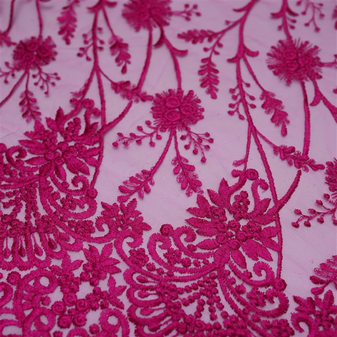 Tecido renda tule bordado pink
