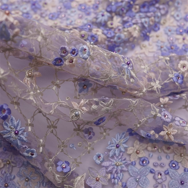 Tecido renda tule bordado pérolas floral lilás