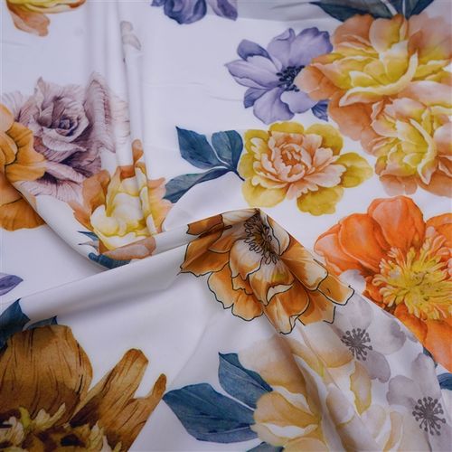 Tecido seda pluma branco estampado floral amarelo