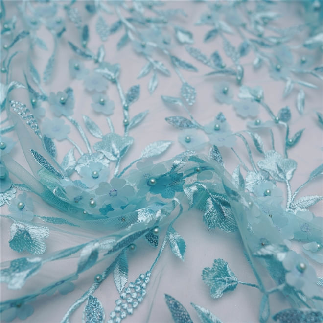Tecido renda tule bordado pedraria flores 3d azul tiffany