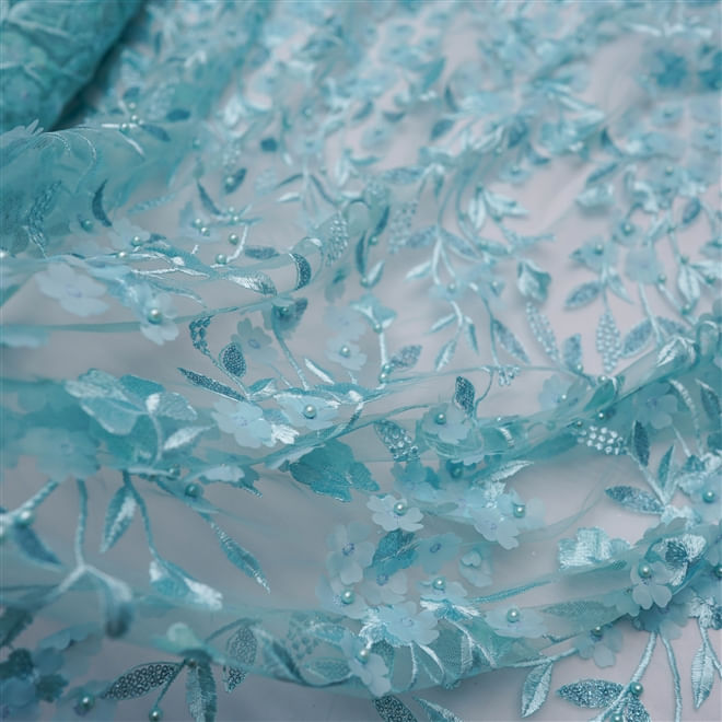 Tecido renda tule bordado pedraria flores 3d azul tiffany