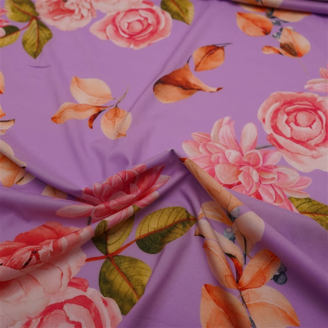 Tecido seda pluma lilás estampado floral