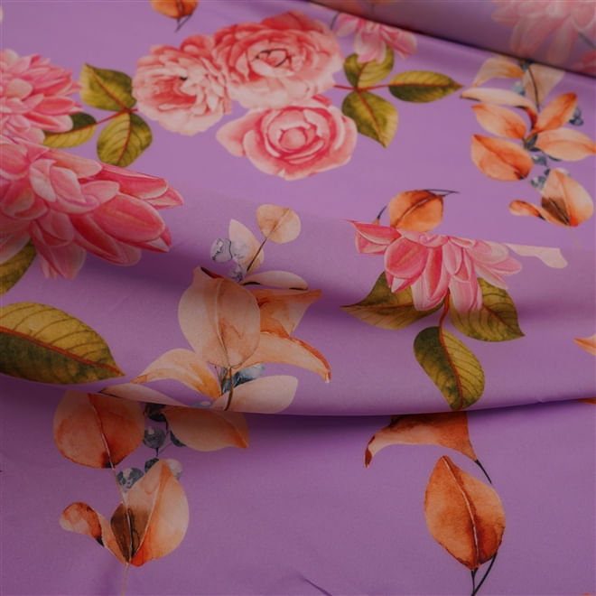 Tecido seda pluma lilás estampado floral