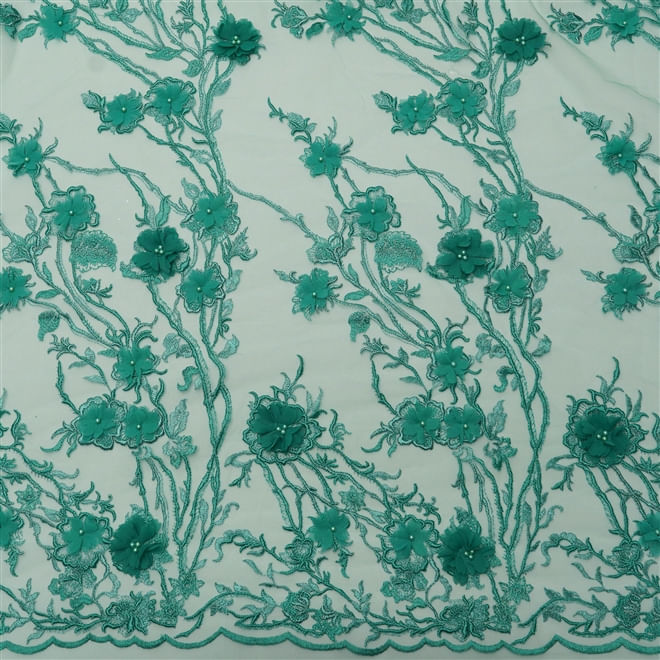 Tecido renda tule bordado verde flores 3d