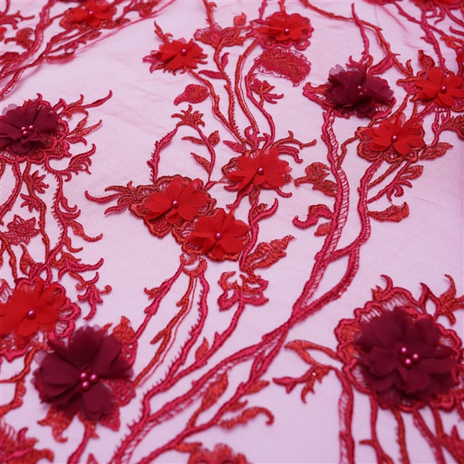 Tecido renda tule bordado vermelho flores 3d