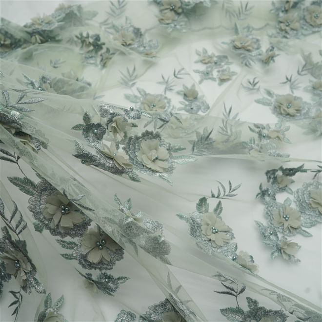 Tecido renda tule bordado pérola flores 3d verde