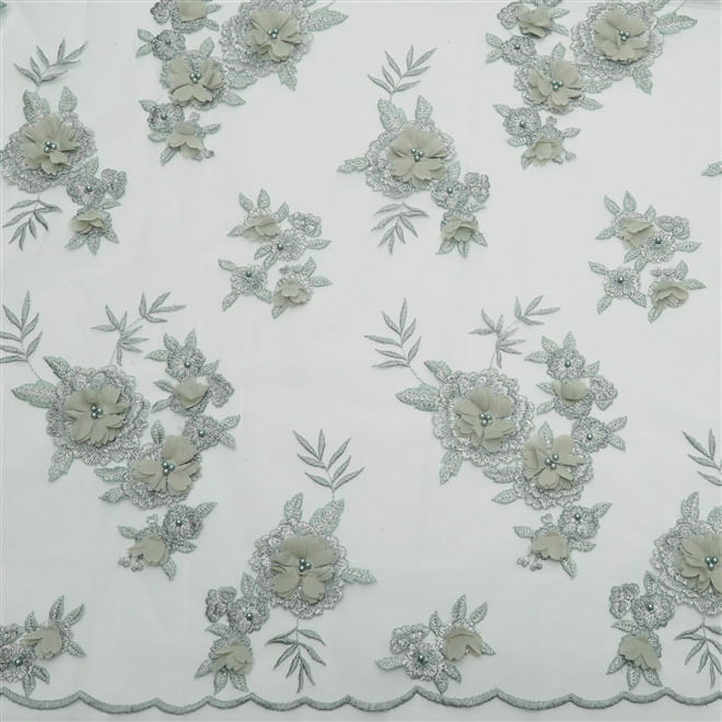 Tecido renda tule bordado pérola flores 3d verde