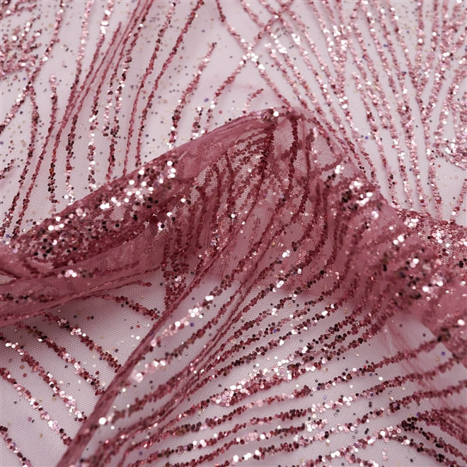 Tecido renda tule com glitter flores rosê