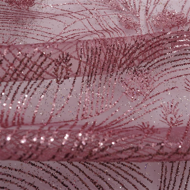 Tecido renda tule com glitter flores rosê