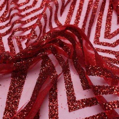 Tecido renda tule bordado glitter geométrico vermelho