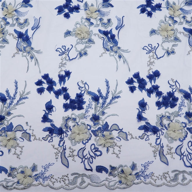 Tecido renda tule bordado azul flores 3d fio prata