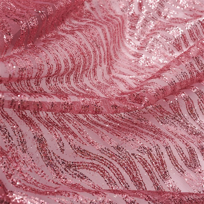 Tecido renda tule com glitter listras rosê