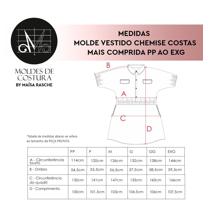 Molde vestido chemise comprido tamanho PP ao EXG by Maísa Rasche