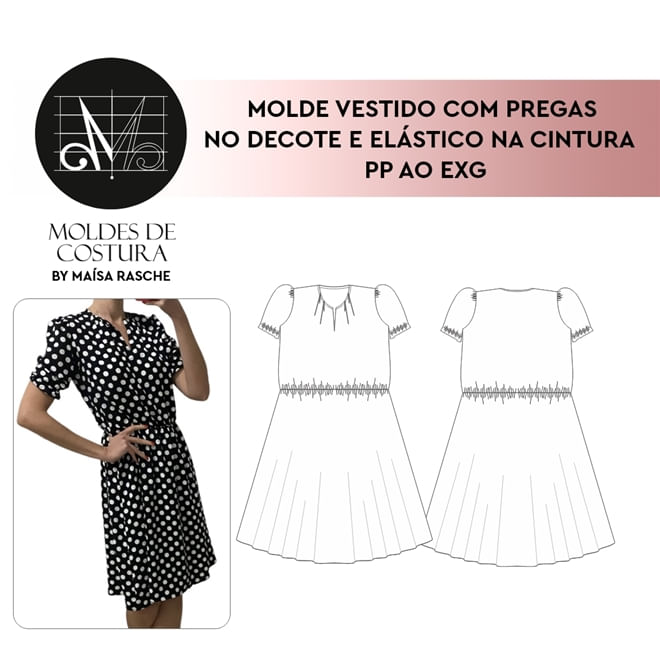 Molde vestido pregas no decote tamanho PP ao EXG by Maísa Rasche