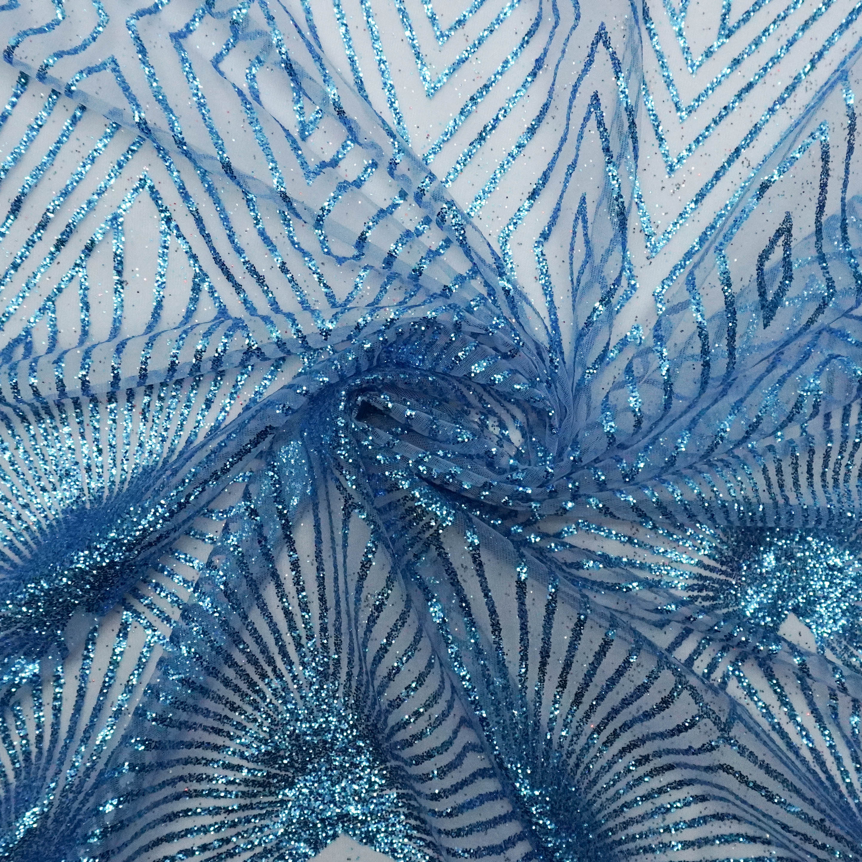 Tecido tule com glitter geométrico azul claro