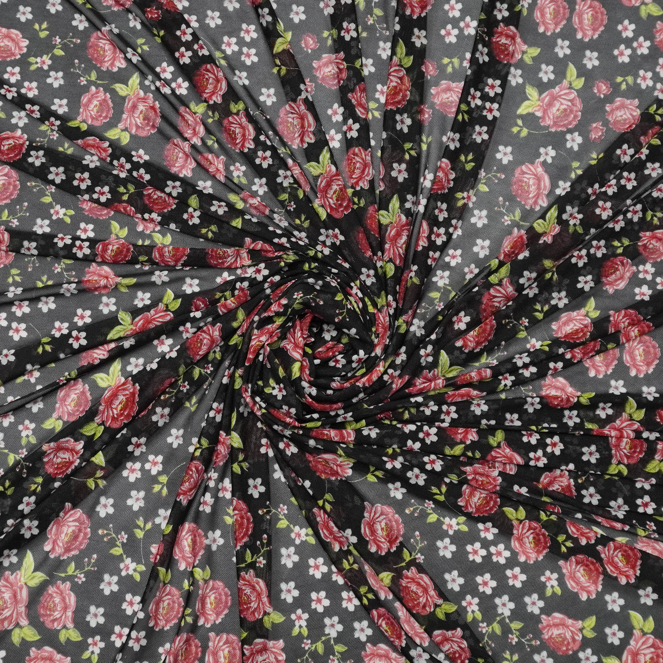 Tecido tule de malha preto estampado floral