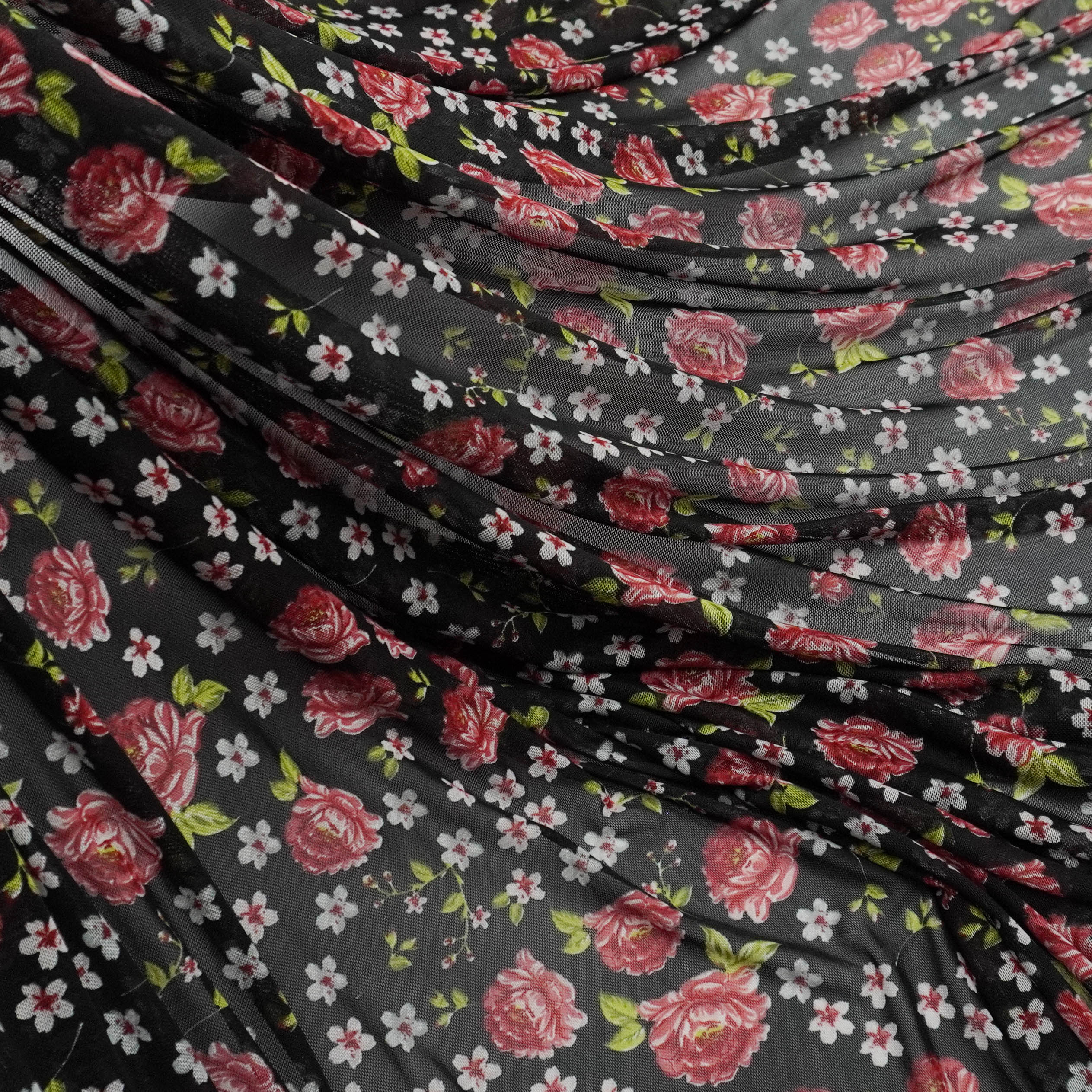 Tecido tule de malha preto estampado floral