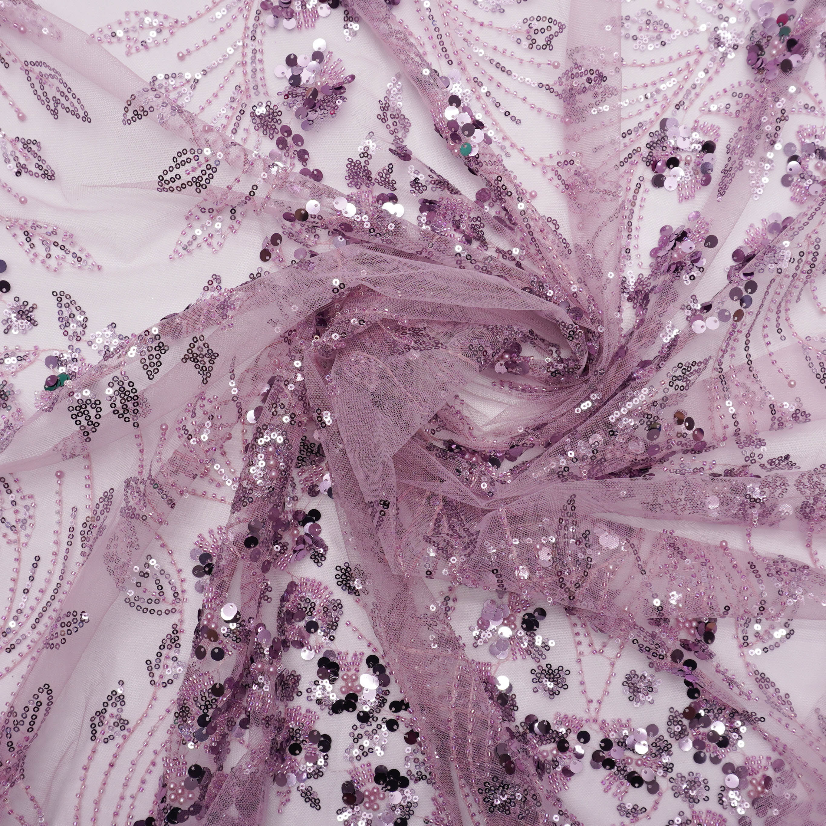 Tecido renda tule bordado pedraria lilás envelhecido