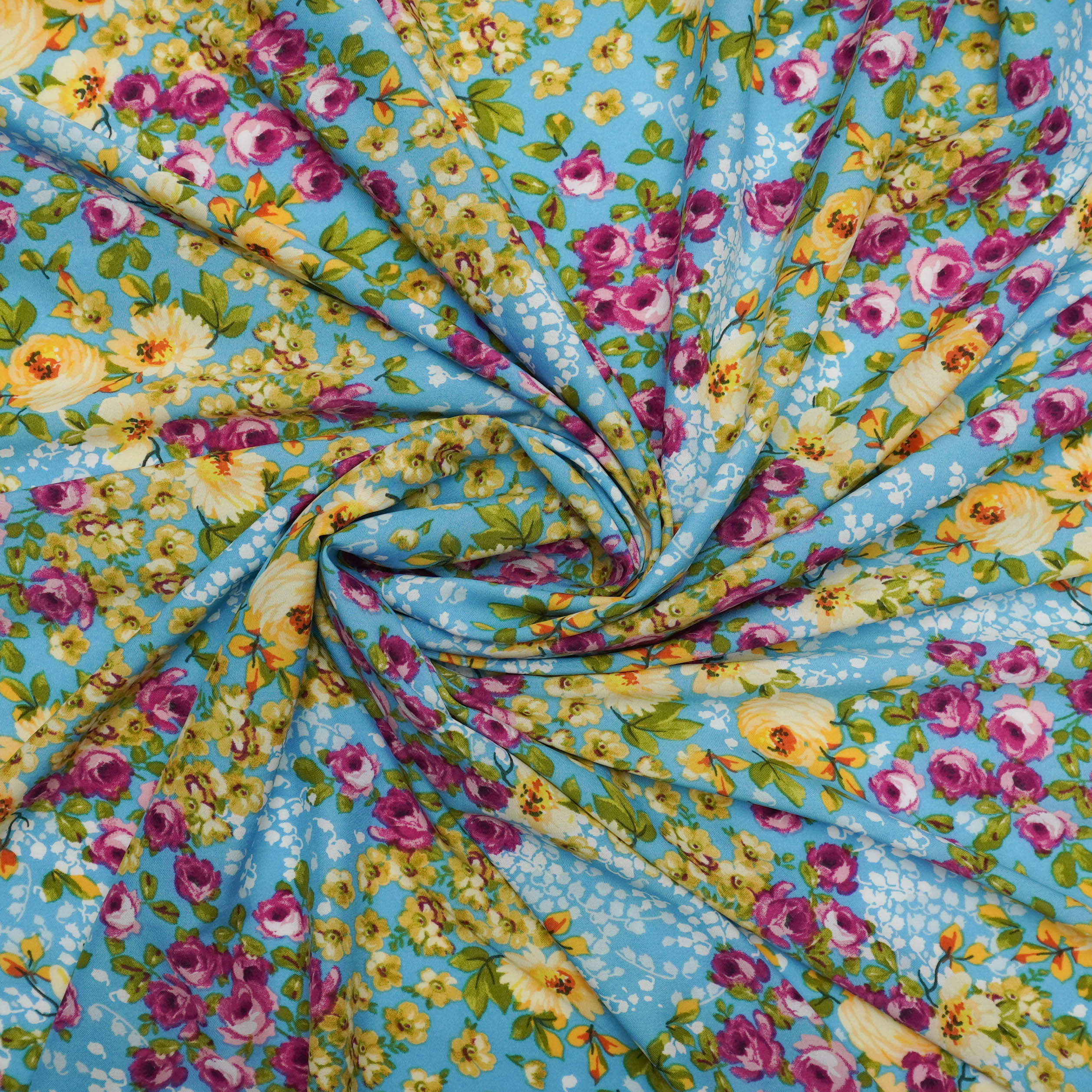 Tecido seda pluma azul estampado floral