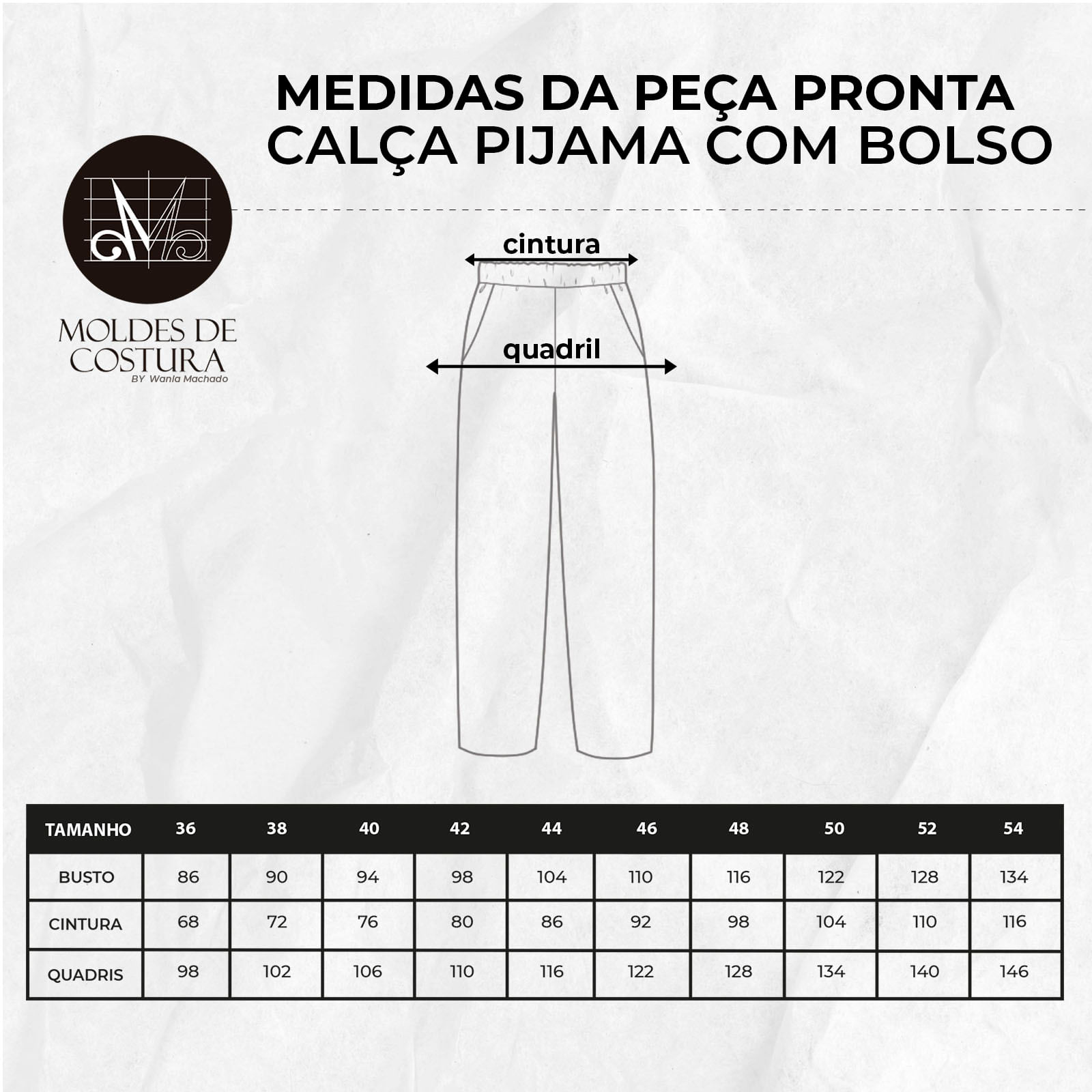 Molde calça pantalona pijama com bolso tamanho 36 ao 44 by  Wania Machado