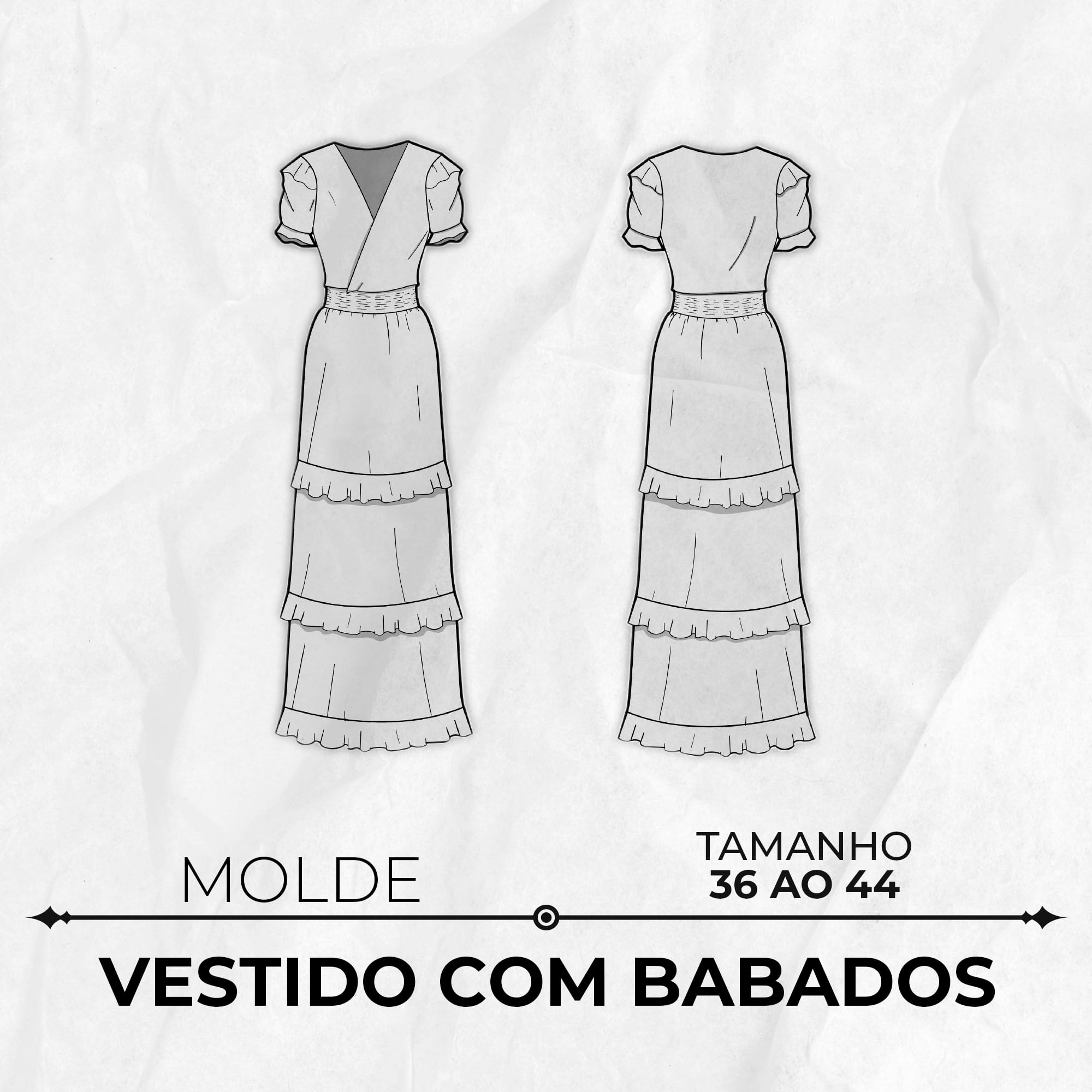 Molde vestido com babado tamanho 36 ao 44 by Wania Machado