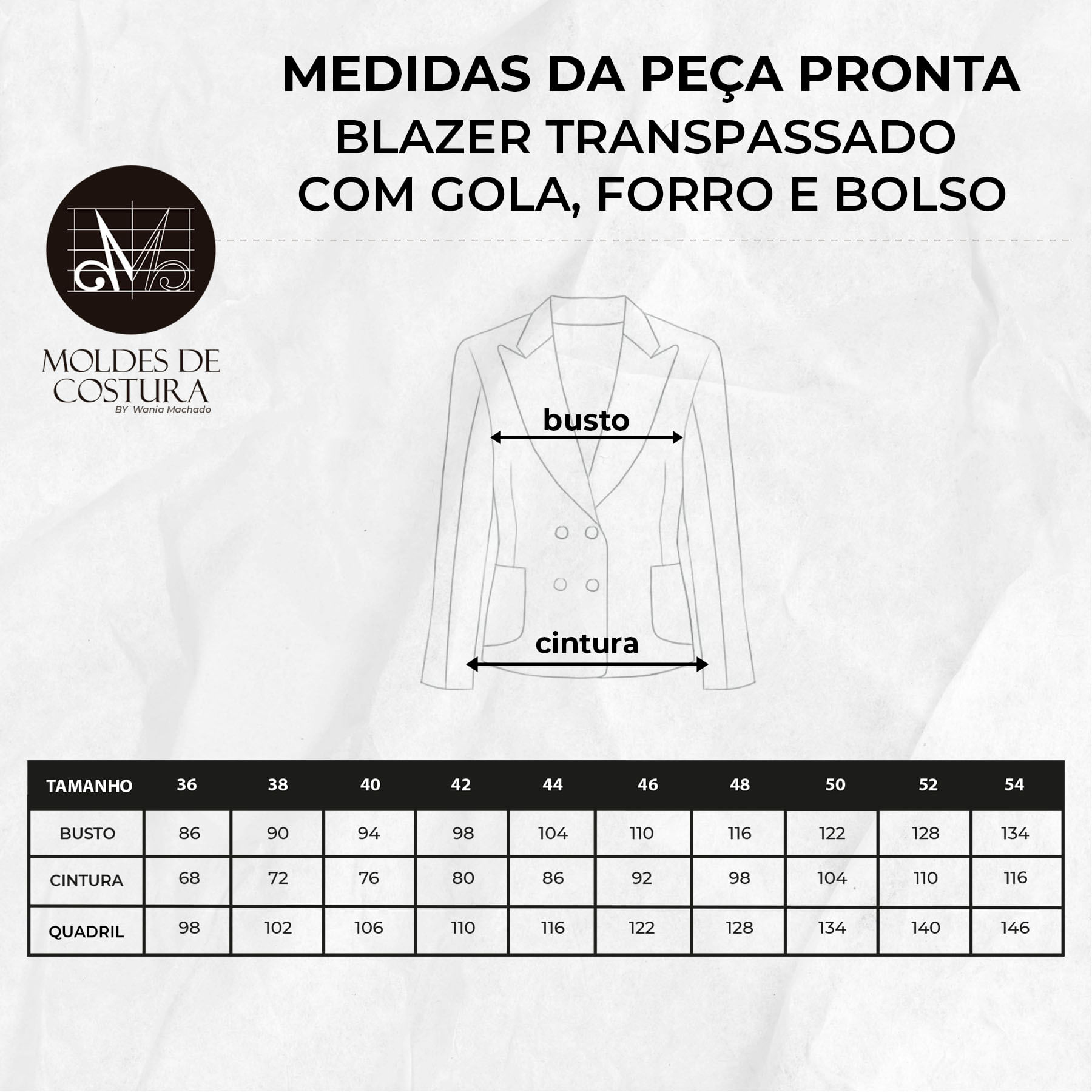 Molde blazer transpassado com gola, forro e bolso tamanho 36 ao 54 by Wania Machado