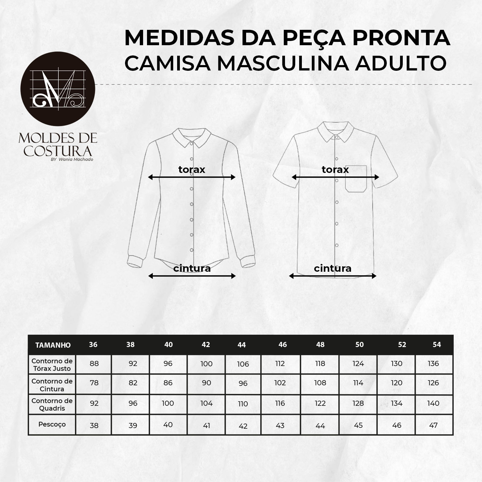 Molde camisa masculina adulto tamanho 36 ao 44 by Wania Machado