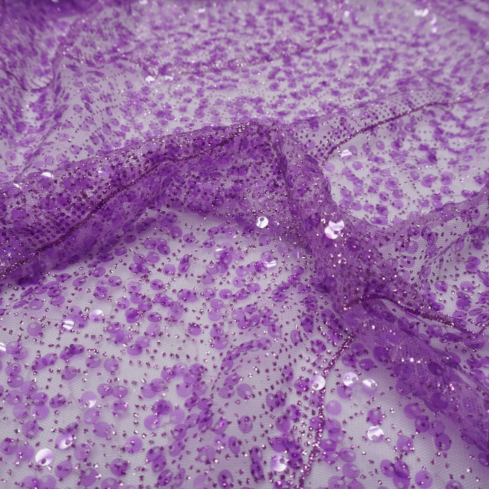 Tecido tule bordado paetê com glitter lilás