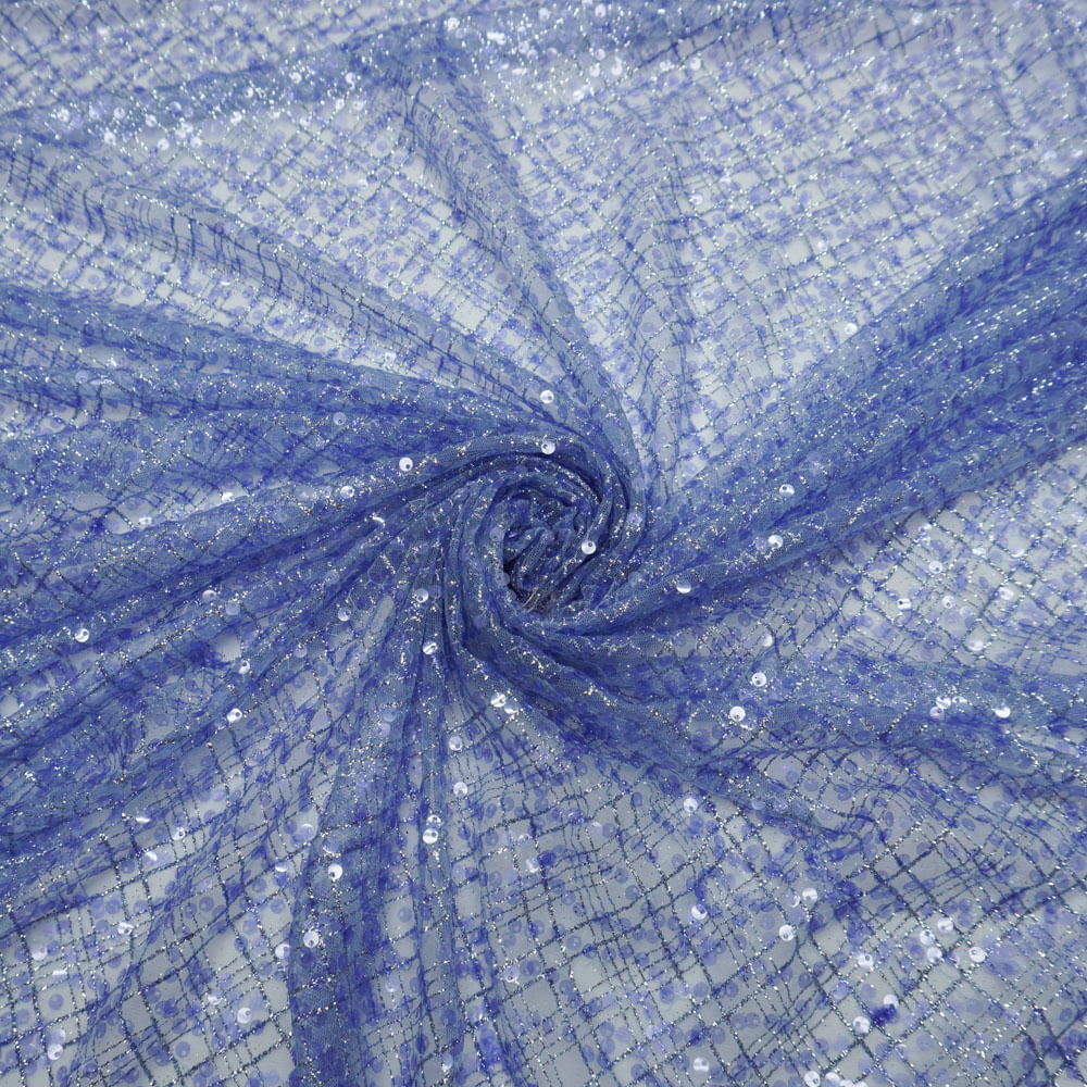 Tecido tule bordado paetê com glitter azul serenity