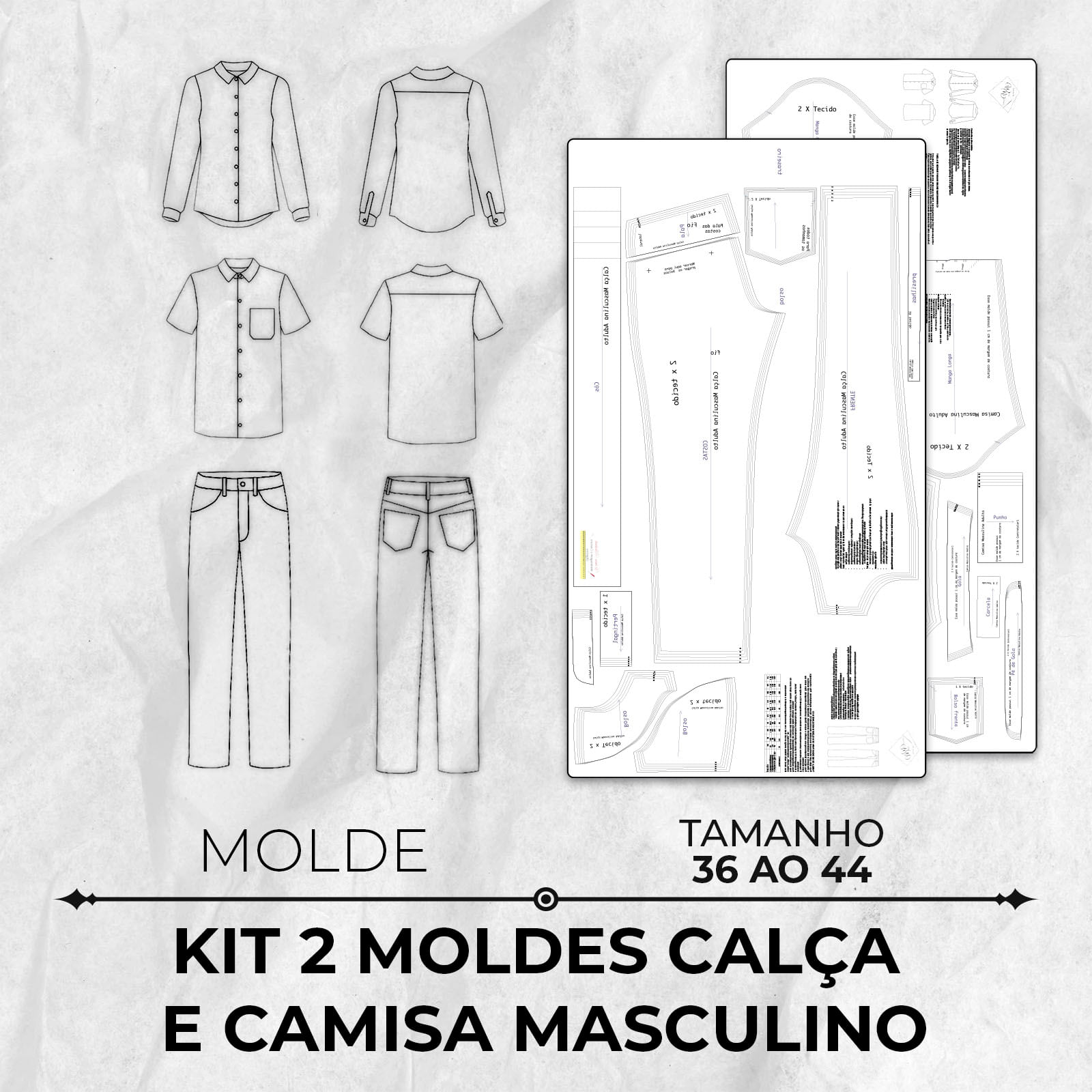 Kit 2 moldes calça e camisa masculino tamanho 36 ao 44 by Wania Machado